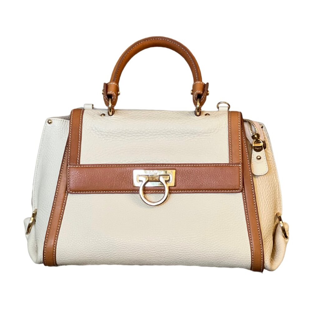 Salvatore Ferragamo Brown Leather SOFIA Satchel – Cream & Tan Made in Italy